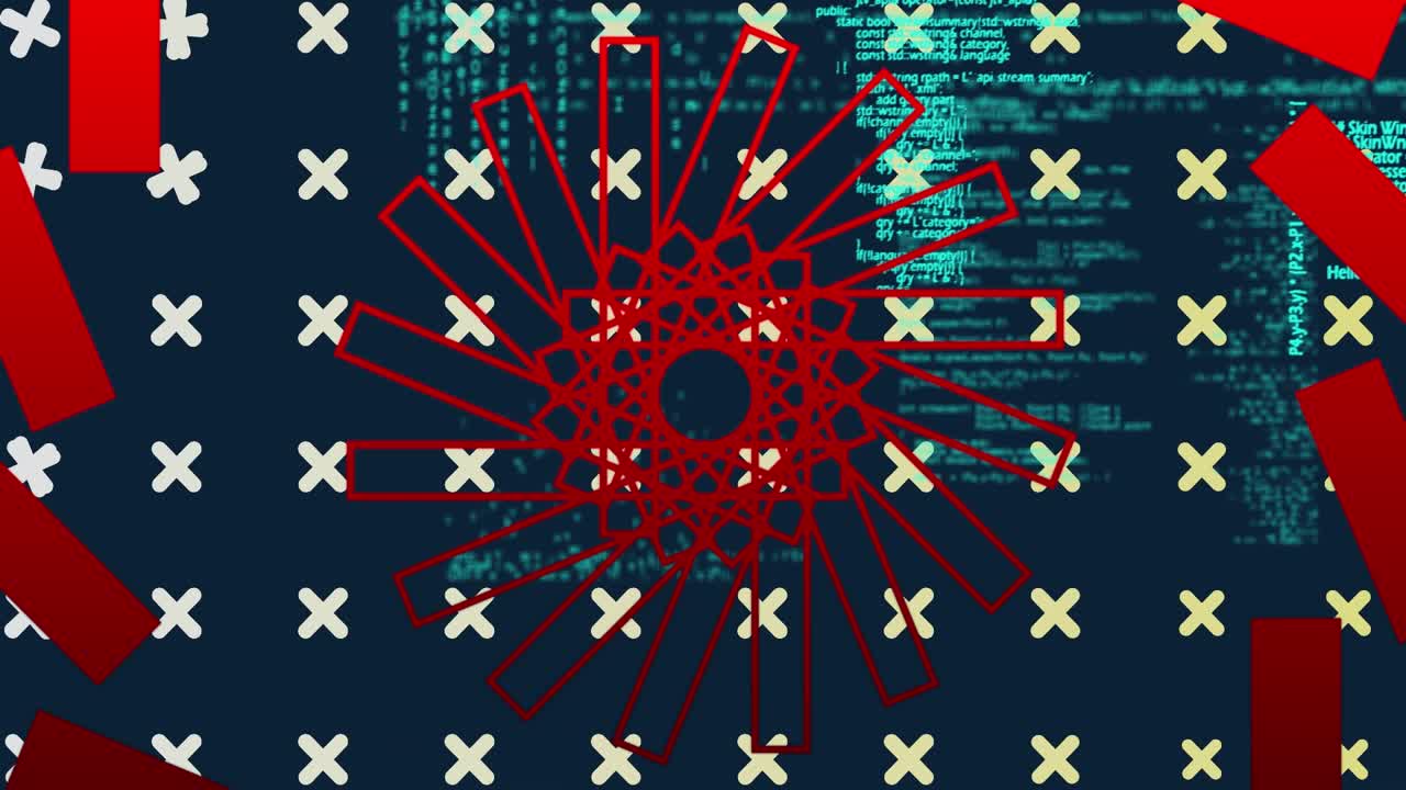 Animation of red pattern and crosses data processing on black background