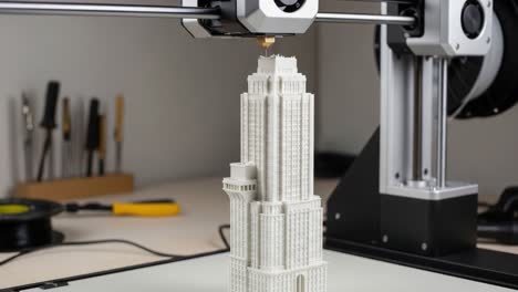 innovative 3d printing process showcasing the creation of an intricate architectural model with detail, precision, and modern technology in action