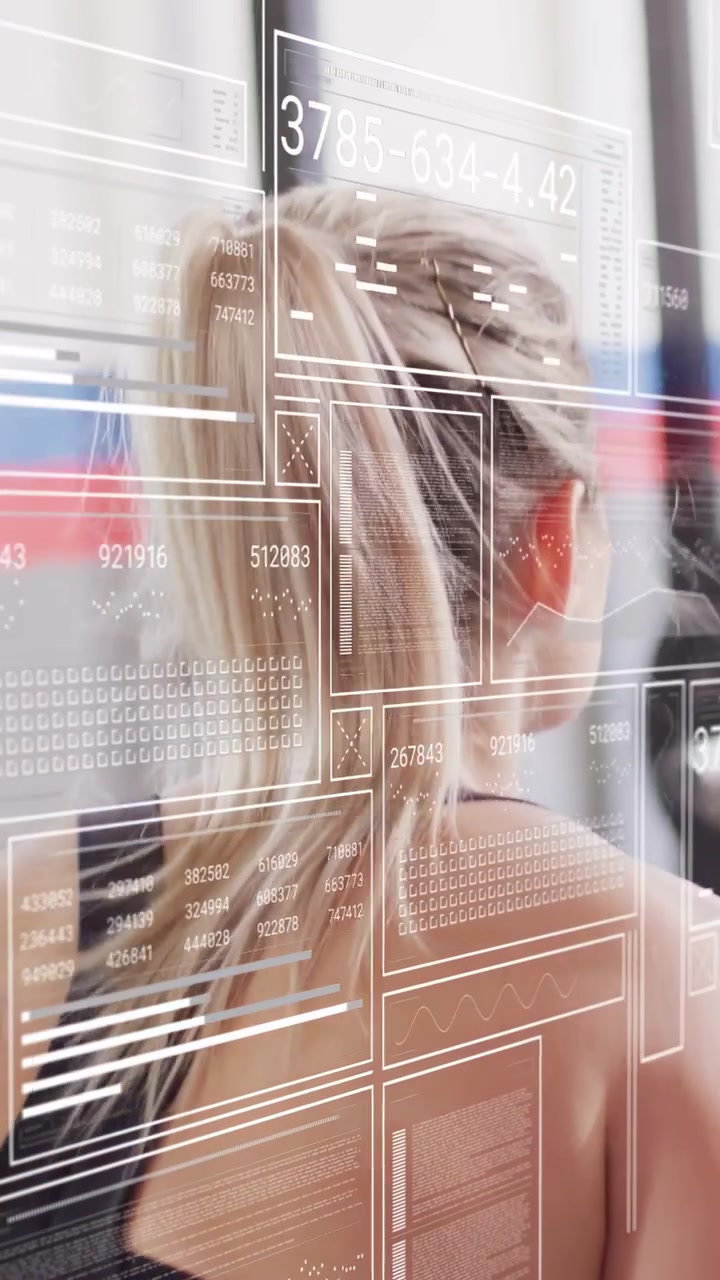 Vertical video: Woman reaching for kettlebell, gripping and lifting, HUD overlay updating metrics