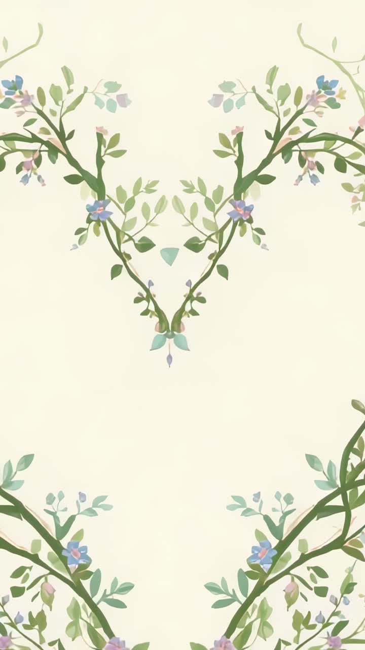 Vertical video: Loop starting, central vine rising on cream wallpaper, blue-pink blooms looping