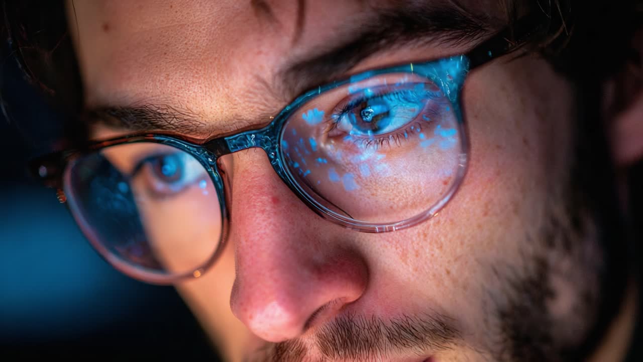 Focused gaze captures a moment of contemplation, revealing the illuminated reflections on glasses, emphasizing intense concentration and thoughtful engagement