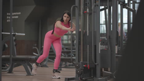 a young woman lifts her leg in a crossover to train her thigh and leg muscles. buttocks training. a professional female athlete does leg exercises