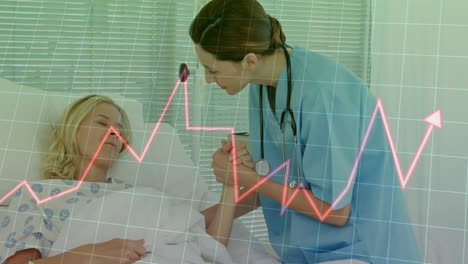 comforting patient, healthcare professional reviewing animation of medical data graph