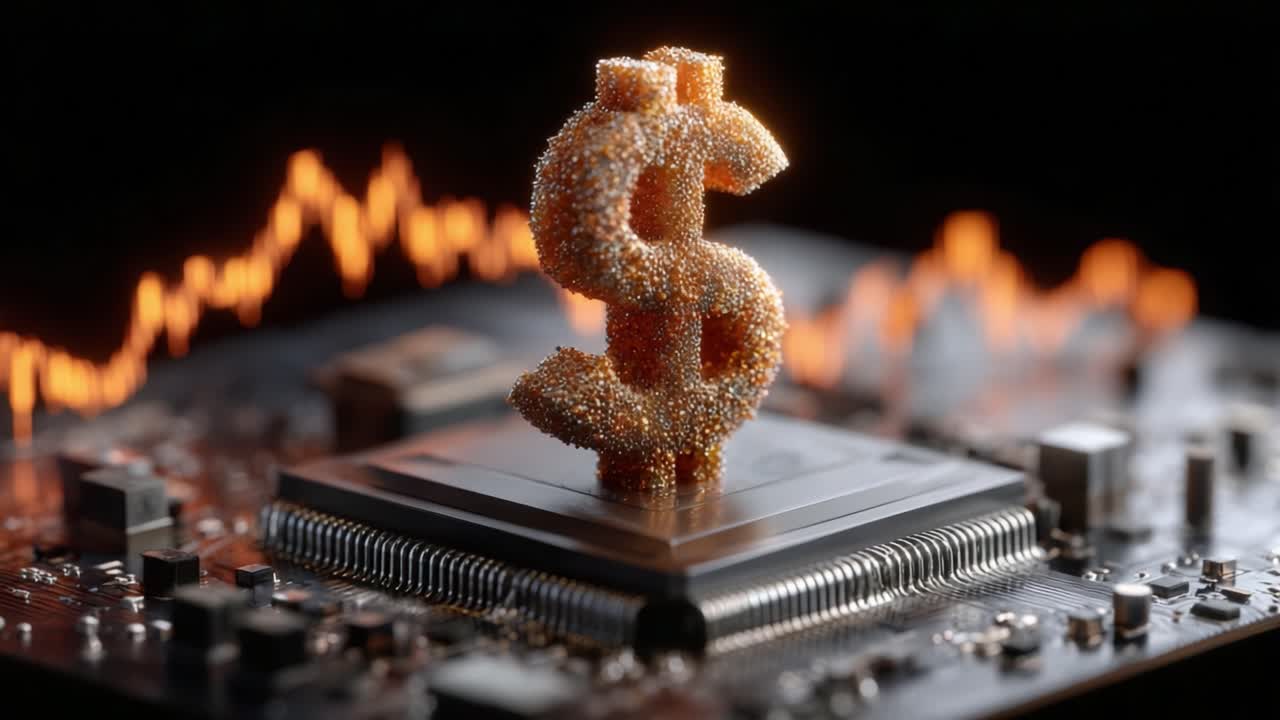A Digital Representation of Wealth: A Glittering Dollar Symbol Positioned on a Circuit Board with Rising Graph Lines in the Background Symbolizing Financial Growth and Technology