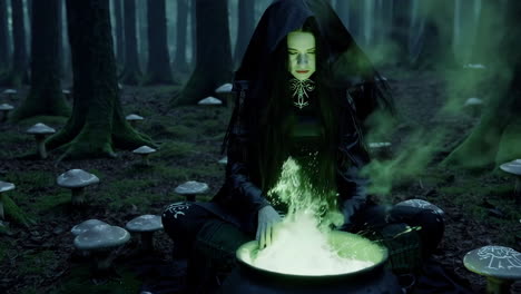 witch brewing potion in a dark forest