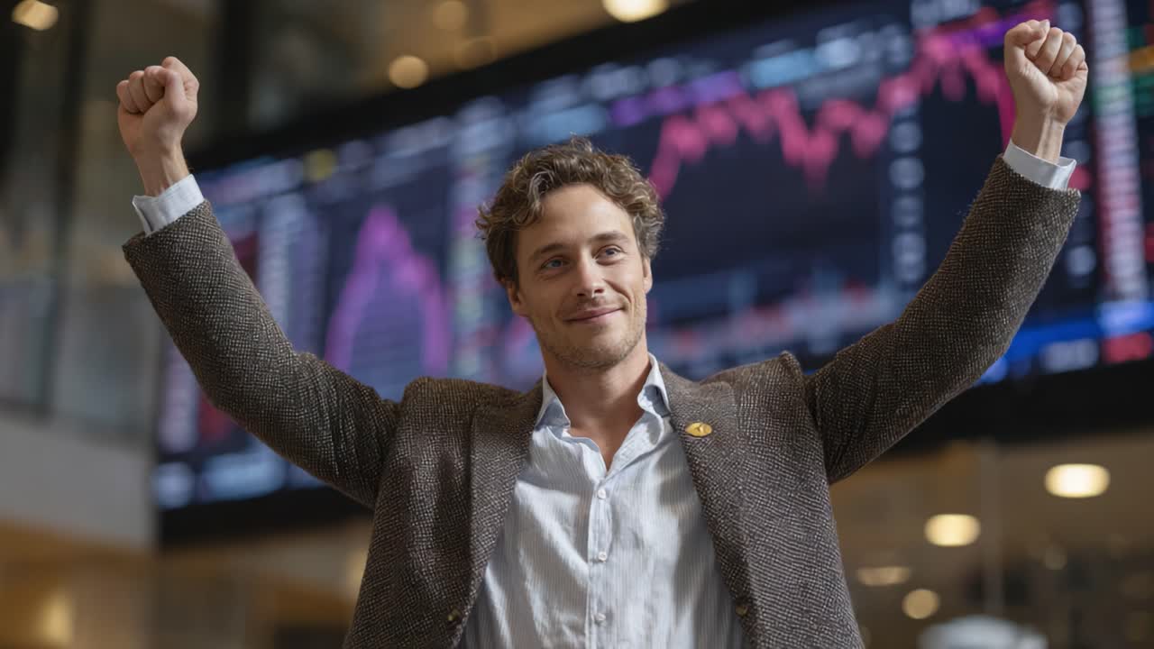 Joyful Celebration of Success: A Young Man Exudes Triumph in a Financial Hub, Raising His Arms in Victory Against the Backdrop of Stock Market Trends