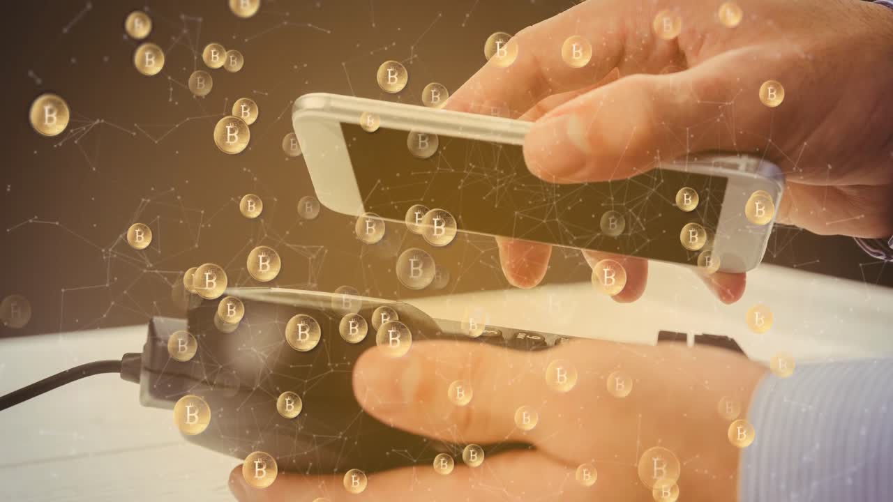 스마트 폰과 결제 단말기를 통해 비트코인의 애니메이션