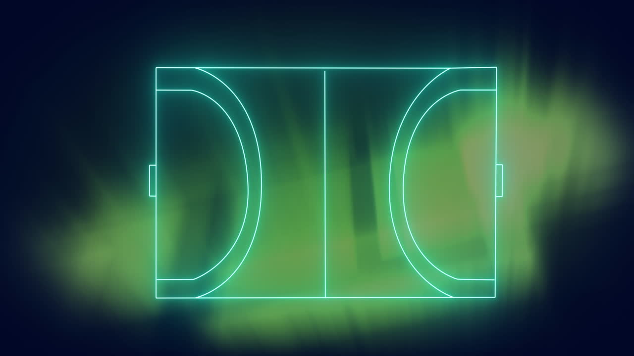 Animation of neon soccer court with glowing light beams on digital interface of video game