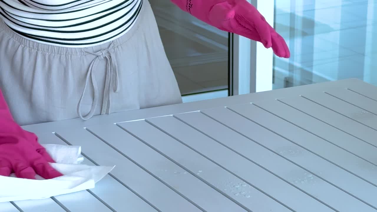 A person wearing bright pink rubber gloves uses paper towels to wipe a white table
