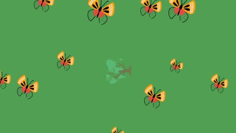 Animation-of-butterflies-over-tree-on-green-background
