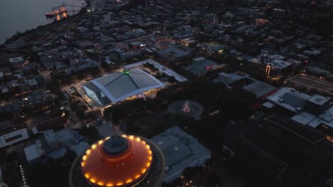 Overhead-drone-shot-of-the-Space-Needle-at-night