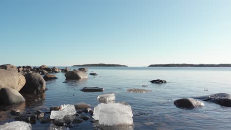 low drone shoot of melting ice floating in cold water in north of sweden