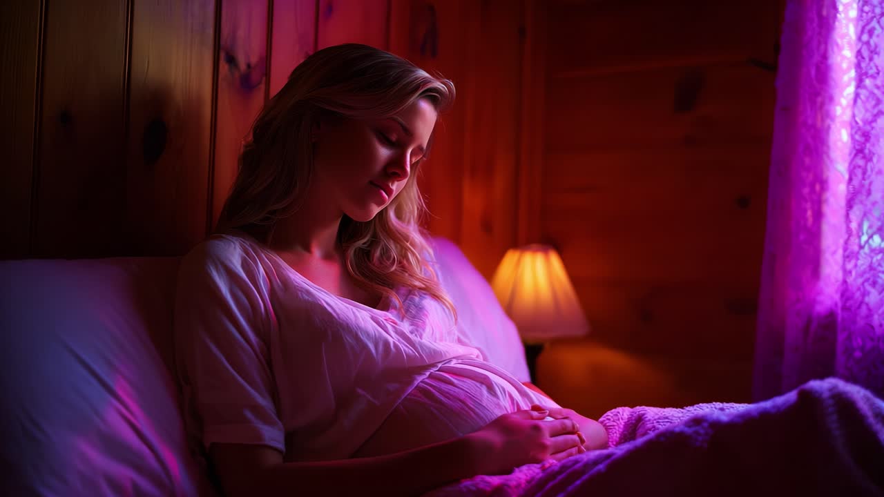 A serene and intimate moment captured in a softly lit room, featuring a tender portrayal of a pregnant woman gently cradling her baby bump, embodying warmth, love, and anticipation for new beginnings and motherhood