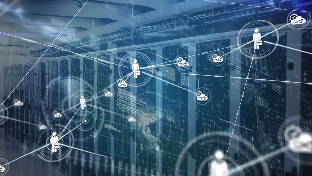 Animation of network of connections with icons over server room and data processing