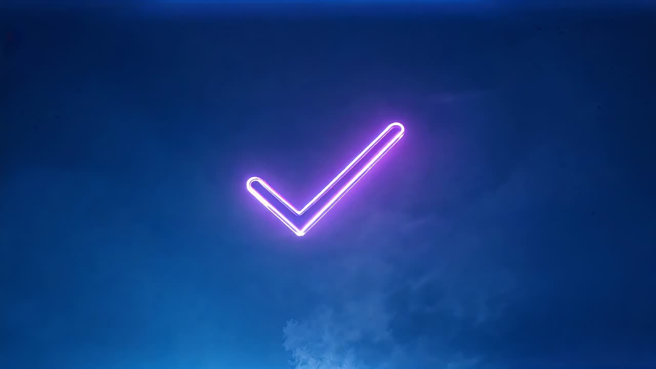 Pulsing magenta neon checkmark showing initial glow in frame one, illuminating blue clouds