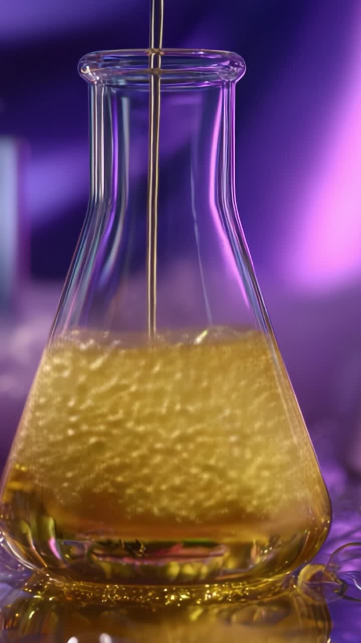 Um frasco de vidro hipnotizante contendo bolhas de líquido dourado cintilante, refletindo cores vibrantes, exibindo a arte da química e da dinâmica de líquidos em detalhes hipnotizantes.