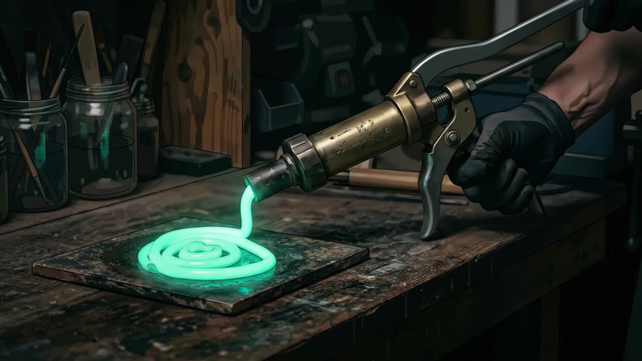 Ruka vytlačující zářící zelenou látku v temné dílně