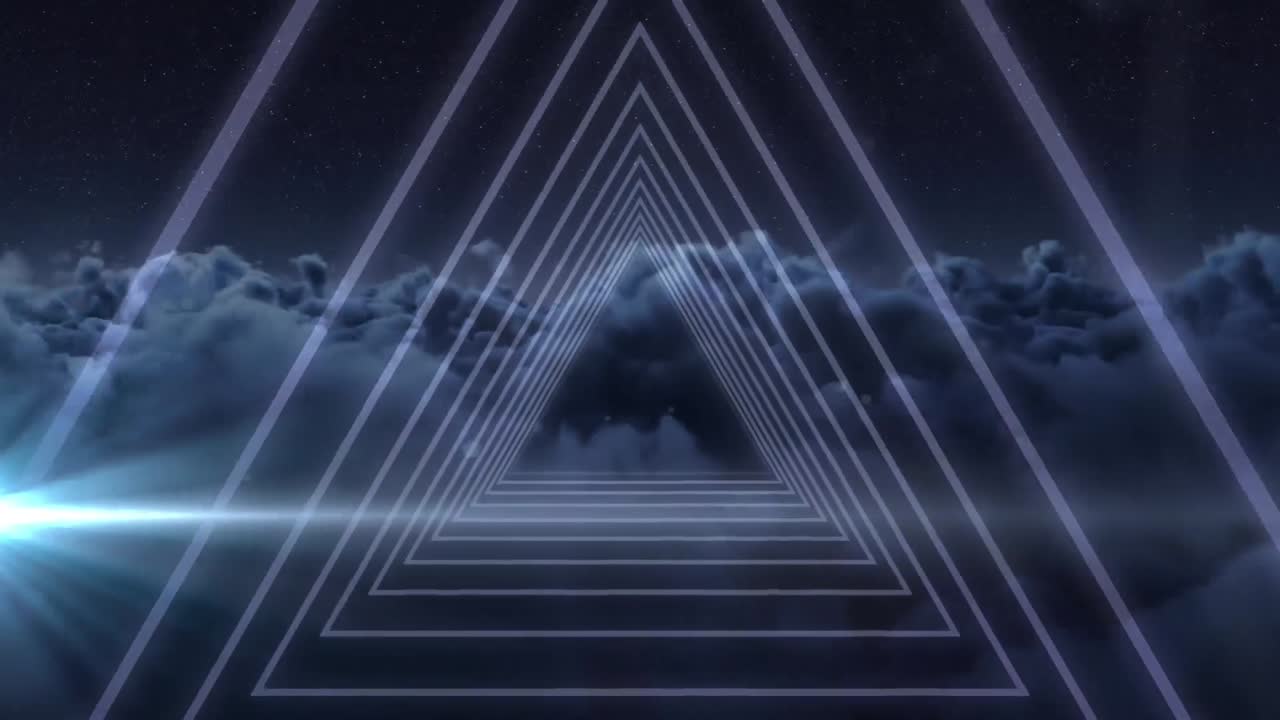 animación de formas caleidoscópicas brillantes sobre nubes y fondo negro.