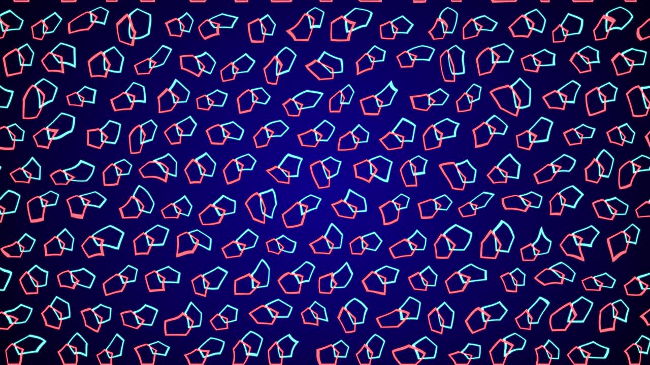Moving stroked outlined pentagon polygon ring forms with geometric glows and flashes on dark gradient background visual effects abstract motion graphics and vivid neon lines colours blue red navy