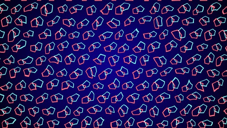 Moving stroked outlined pentagon polygon ring forms with geometric glows and flashes on dark gradient background visual effects abstract motion graphics and vivid neon lines colours blue red navy