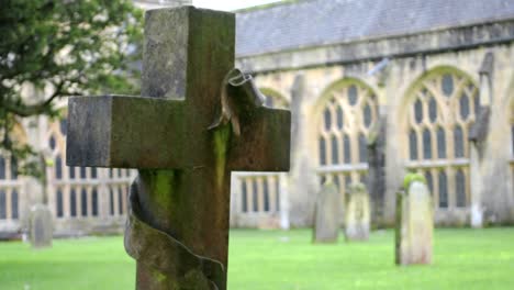 una vieja cruz cubierta de musgo en una tumba, en el cementerio dentro de los terrenos de la catedral de pozos, en la ciudad más pequeña de inglaterra