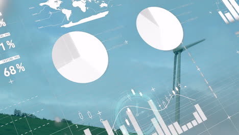 graphs and pie charts animation over wind turbine and landscape