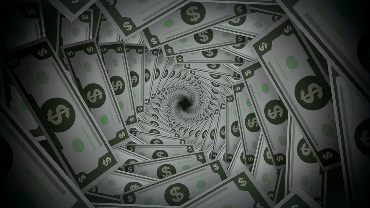 Animazione di sfondo a tunnel a spirale con banconote da dollaro astratte.