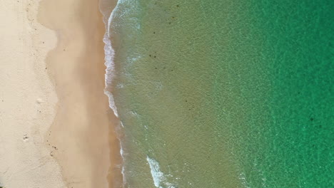 aerial: top down shot of tropical summer seaside beach, turquoise sea waves