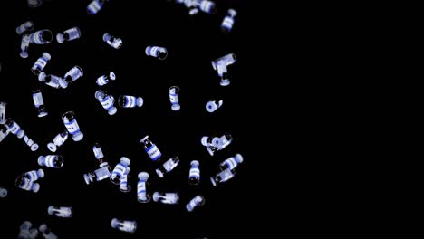 volando muchas botellas de vacunas en fondo negro. concepto médico. cura de virus. líquido transparente. animación de bucle 3d de vacunas.