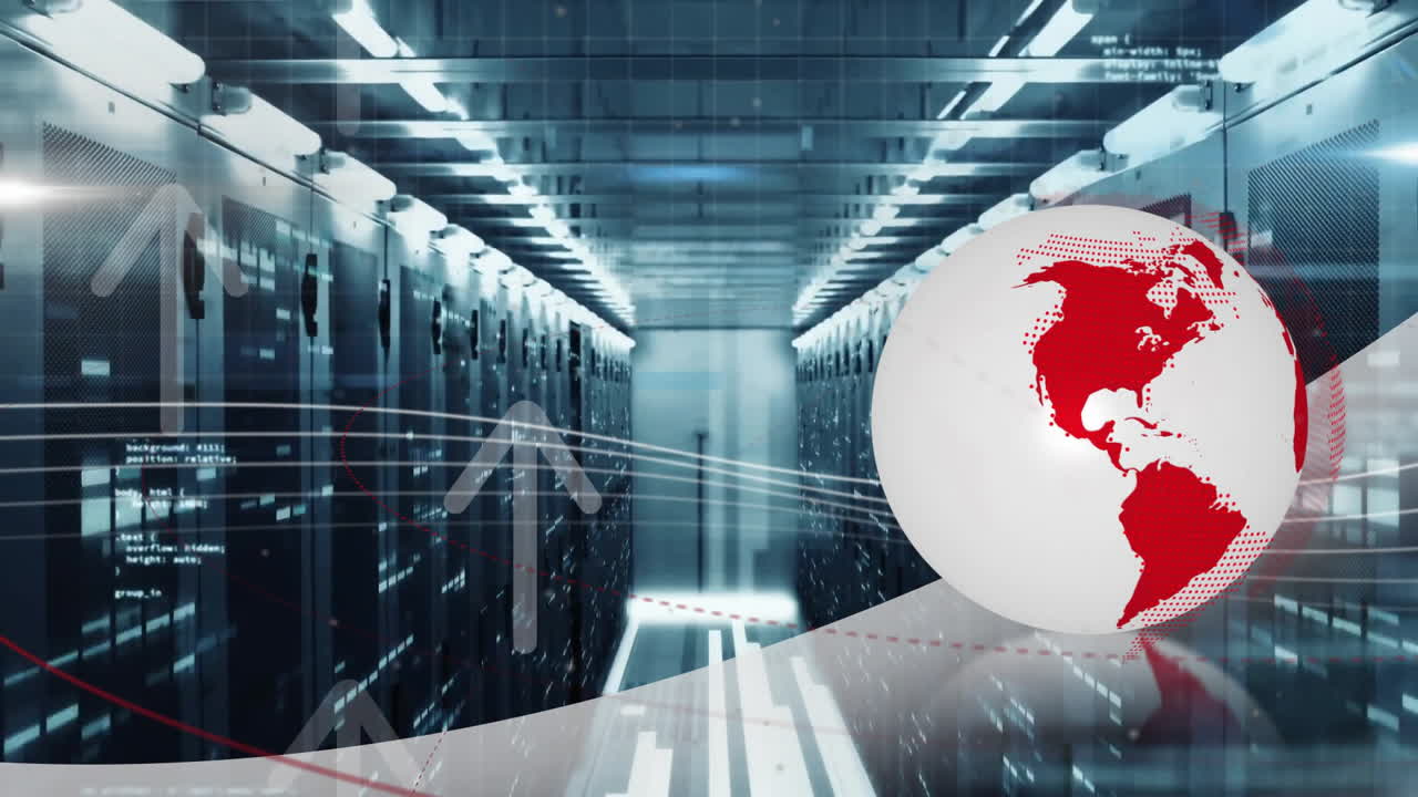 Data center servers with global network animation over red map of world