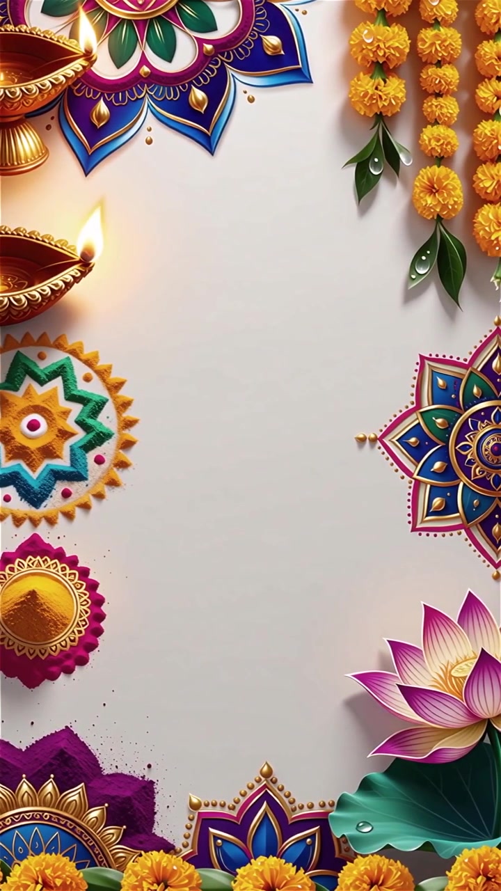 Sfondo Diwali con Diyas luminosi, Rangoli e fiori di loto