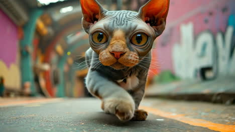 playful cat walking through colorful urban alleyway. a lively cat strolls down a vibrant alley adorned with street art.