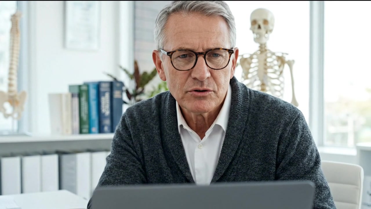 Ældre Læge Arbejder på Bærbar Computer på Lægekontor