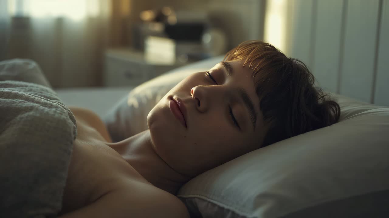 Kvinde med kort hår, der sover og ligger på en pude i sengen derhjemme, dækket af et let lagen
