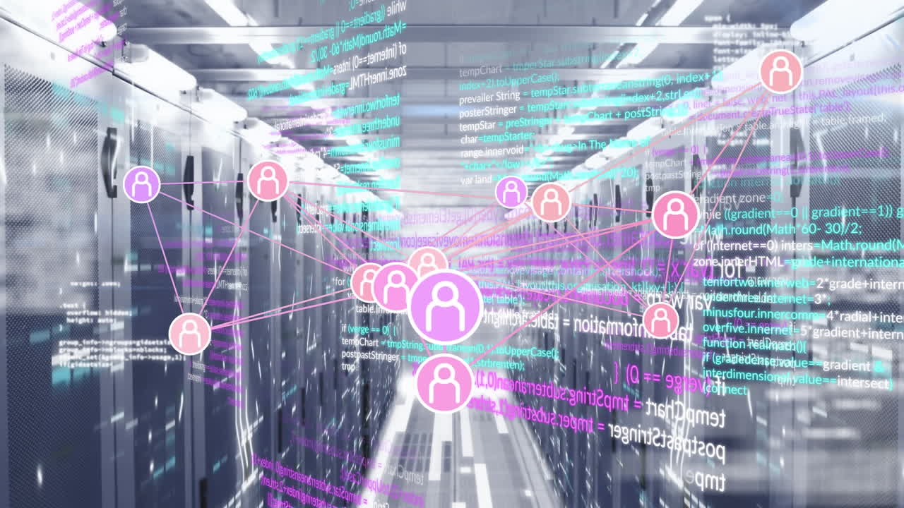 animación de iconos de perfiles conectados y lenguaje informático a través de la sala de servidores de datos