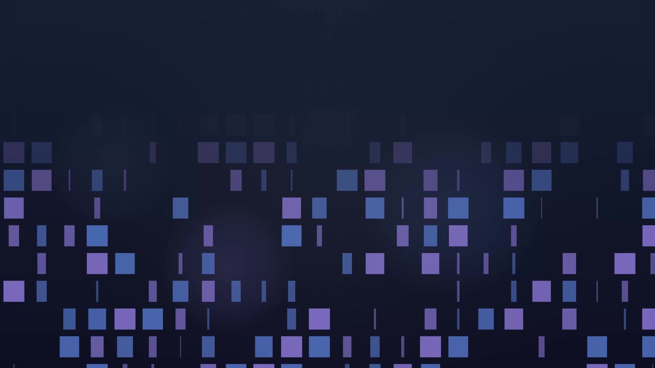 Seamlessly looping animation of glowing blue and purple digital squares on a dark background.