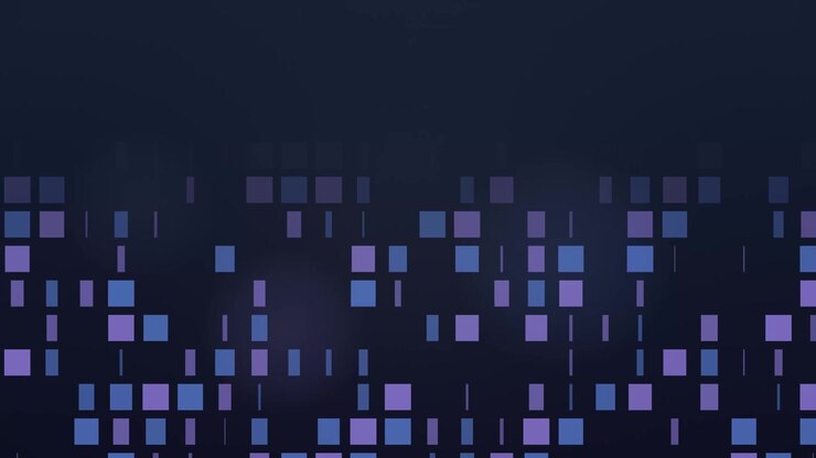 Seamlessly looping animation of glowing blue and purple digital squares on a dark background.