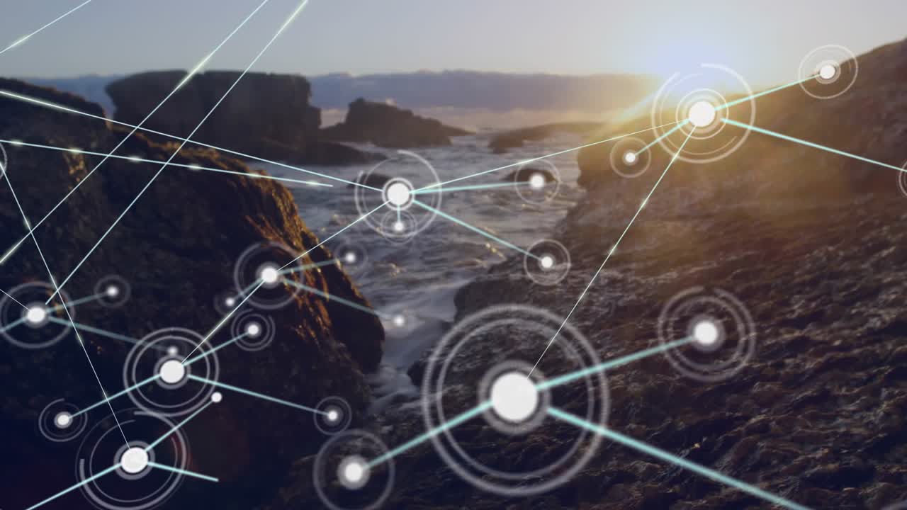 Animazione di una rete di connessioni con vista su mare e rocce.