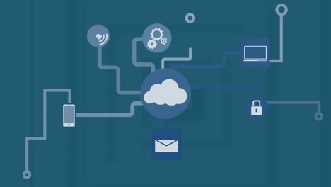 animation of graphical flow chart with computer icons against blue background