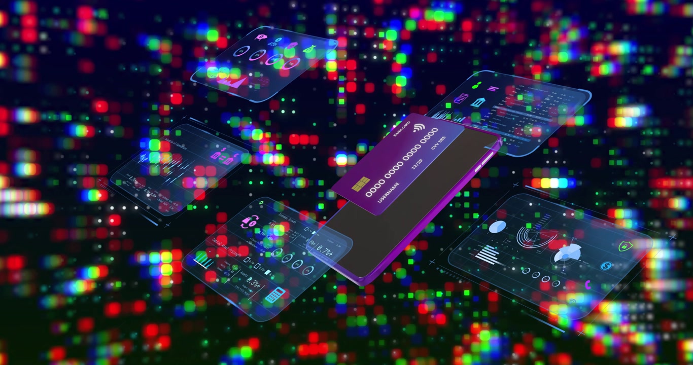 RGB pixels pulsing, phone floating, purple card rising, UI forming, orbiting view, showing payment