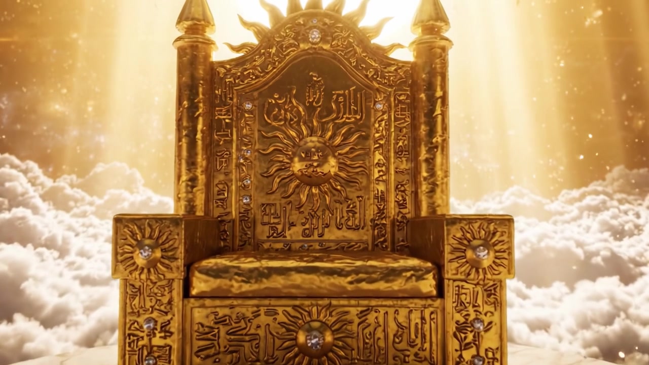 A Majestic Golden Throne Surrounded by Celestial Clouds and Radiant Light, Symbolizing Power, Divinity, and Ultimate Authority in a Splendid Atmosphere