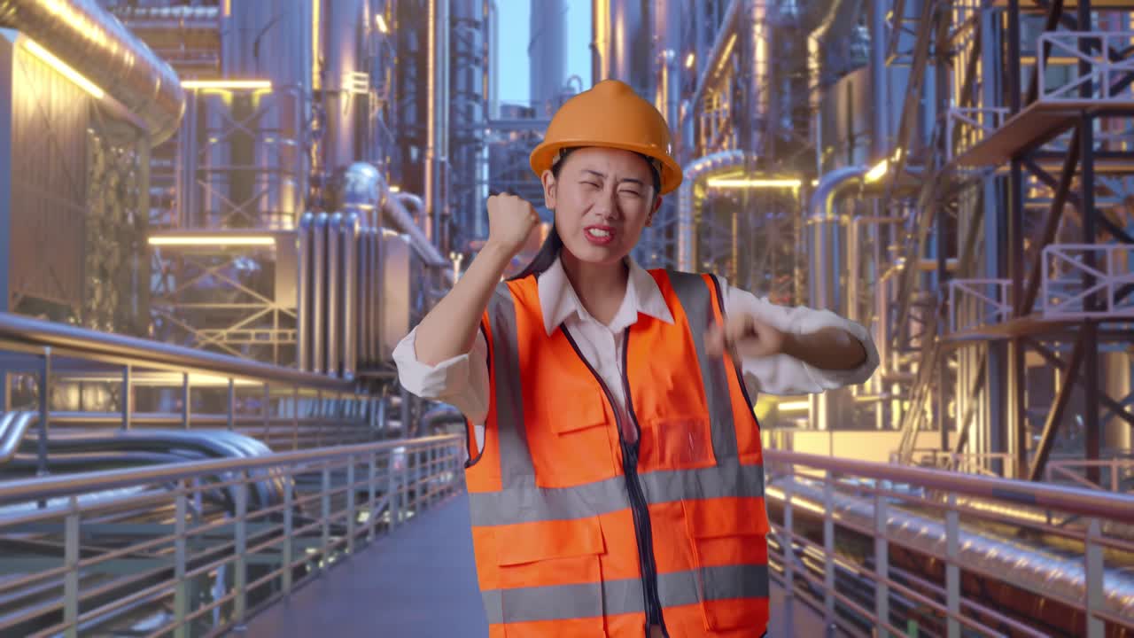 Asian Female Engineer With Safety Helmet Screaming Goal And Dancing Celebrating At A Vast Oil Refinery
