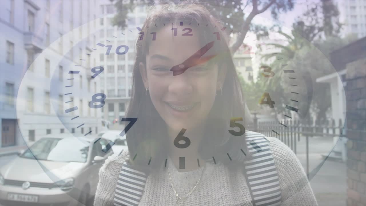 Student glancing at moving analog clock overlay on street and tracking morning time in education