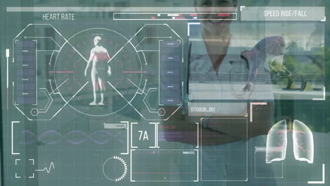 animation of health interface processing data over running sportsman and smiling female doctor