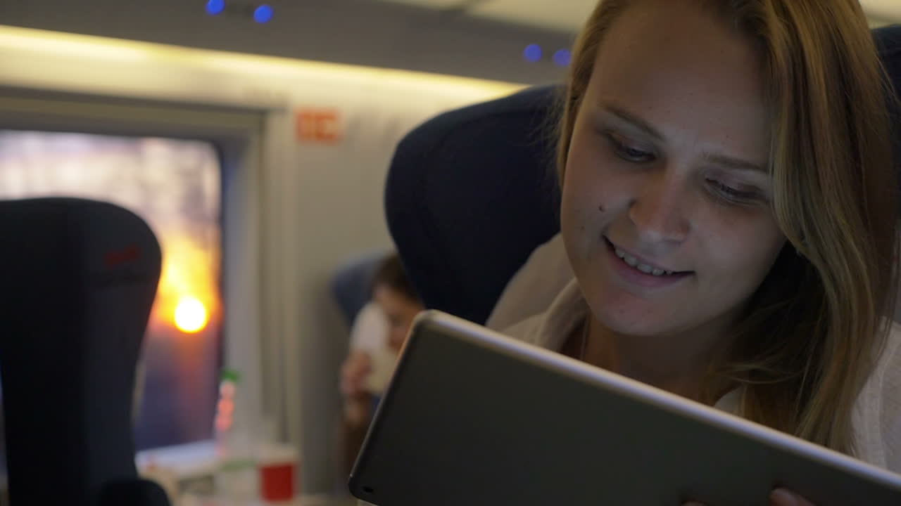 Mujer sonriente con tableta táctil en tren expreso