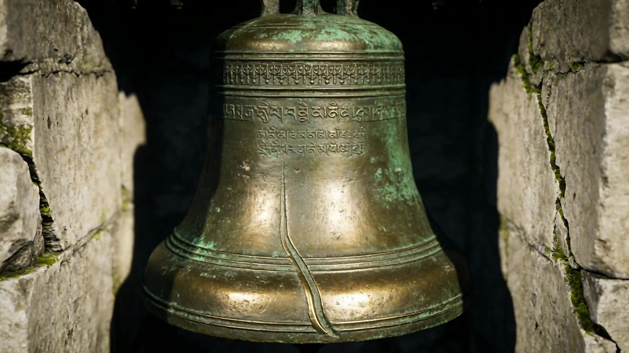 La telecamera si allontana rivelando una grande campana di bronzo in un campanile di pietra, mostrando crepe e verderame.