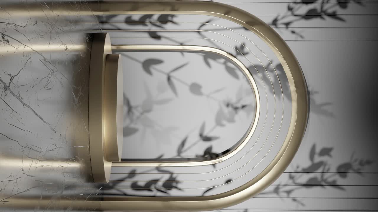 3d 렌더링 애니메이션에서 나무 잎 그림자를 가진 수직 제품 디스플레이 스탠드 디자인 회색 배경