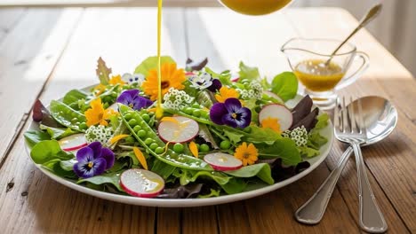 A Delightful Garden Salad Featuring Colorful Edible Flowers, Crisp Greens, Peas, Radishes, and a Vibrant Dressing Perfect for a Fresh and Healthy Meal
