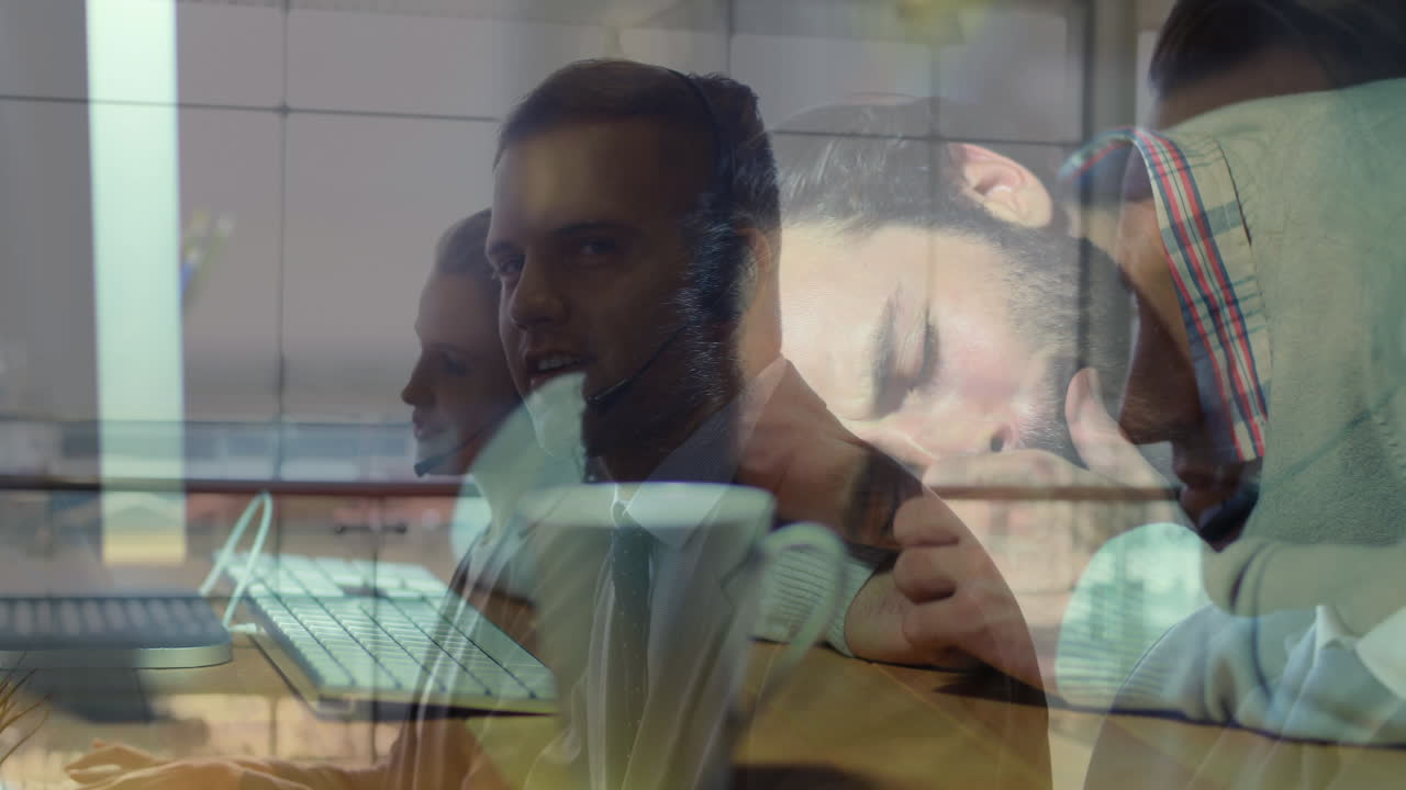 Animation of men using computer over businessmen