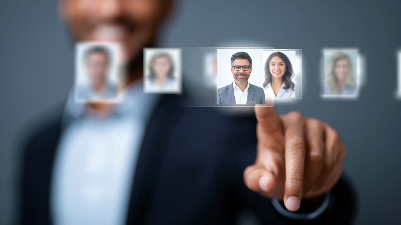 Selecting profiles in digital interface. A person interacts with a digital display showing various profile pictures, focusing on selecting one